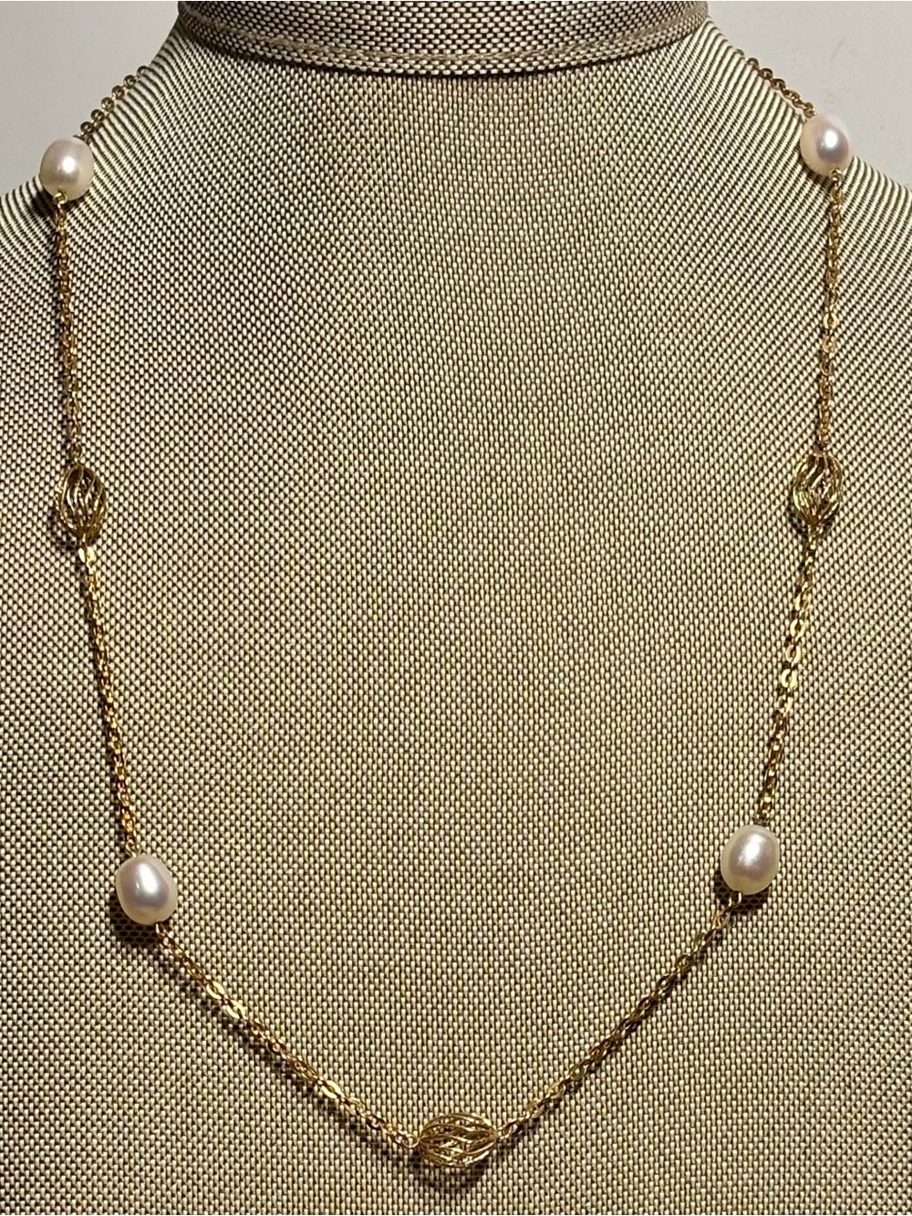 Vintage 14K Yellow Gold 585 Cultured Pearl Filigree Cage Bead Station Chain 6g